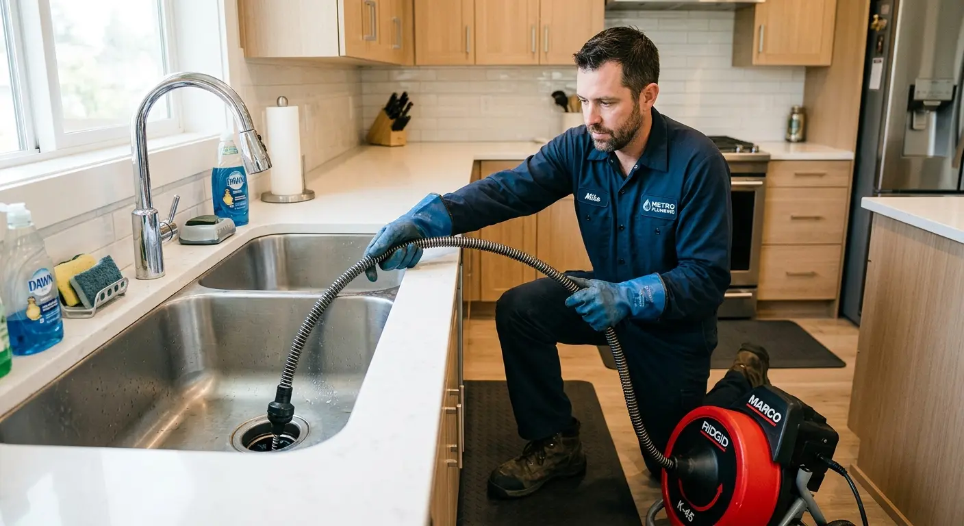 Drain cleaning technician using a motorized snake on a kitchen sink in Hueytown