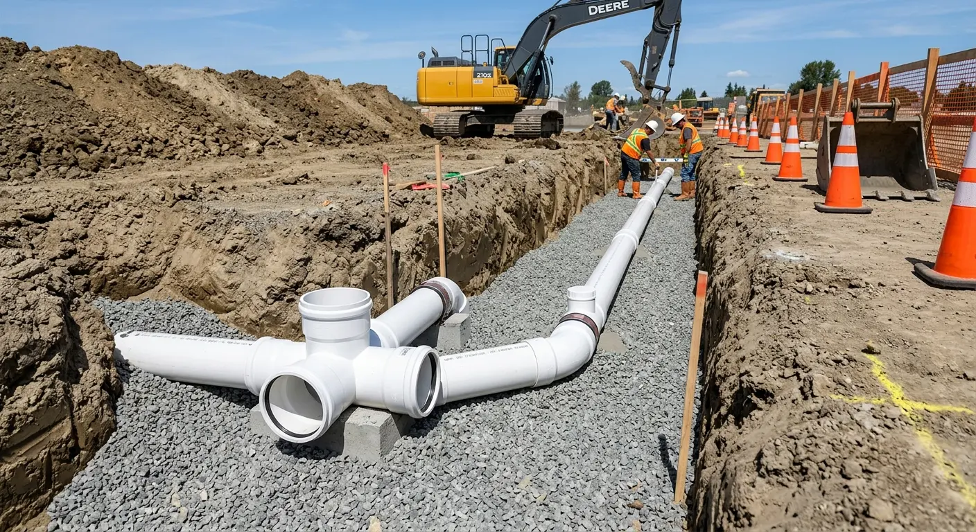 New PVC sewer pipe installation in open trench for Commercial Drain Cleaning in Hueytown