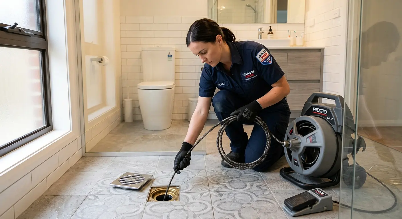Technician clearing a bathroom floor drain for Clogged Drain Repair in Hueytown